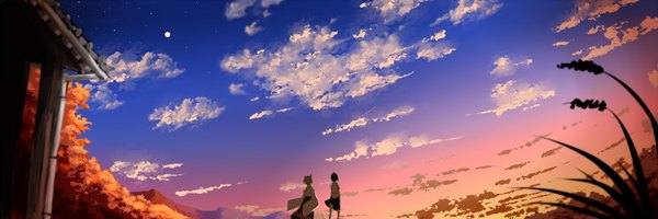 Anime picture 3000x1000 with touhou shameimaru aya inubashiri momiji seu (hutotomomo) highres short hair black hair wide image multiple girls animal ears sky cloud (clouds) white hair traditional clothes japanese clothes wind night night sky back evening