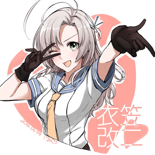 Anime picture 1024x1024 with kantai collection kinugasa heavy cruiser morinaga (harumori) single long hair looking at viewer open mouth green eyes silver hair ahoge upper body one eye closed wink outstretched arm dated victory remodel (kantai collection) girl gloves uniform