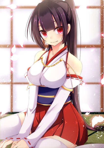 Anime picture 1157x1636 with original bloodcatblack (tsukiko) single long hair tall image looking at viewer blush fringe breasts smile red eyes brown hair large breasts sitting bare shoulders ponytail long sleeves pleated skirt zettai ryouiki girl