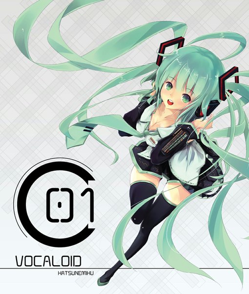 Anime picture 1000x1176 with vocaloid hatsune miku oyeung single tall image looking at viewer blush twintails very long hair aqua eyes aqua hair zettai ryouiki girl thighhighs black thighhighs detached sleeves necktie headphones