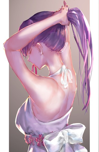 Anime picture 1311x2001 with fate (series) fate/stay night matou sakura rolua single long hair tall image fringe simple background bare shoulders holding purple hair upper body ponytail eyes closed profile arms up mouth hold back adjusting hair