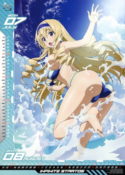 Anime picture 4944x6888 with infinite stratos 8bit cecilia orcott nishizawa shin'ya long hair tall image blush highres breasts open mouth blue eyes light erotic blonde hair absurdres cloud (clouds) scan drill hair calendar 2014 girl swimsuit