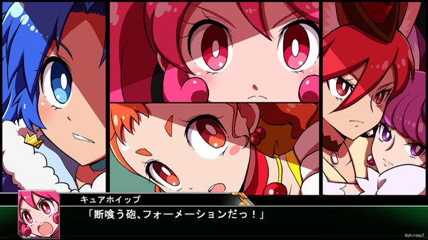 Anime picture 1200x675 with precure super robot wars kirakira precure a la mode toei animation usami ichika kenjou akira cure whip kotozume yukari cure chocolat cure macaron arisugawa himari tategami aoi cure custard cure gelato shirono blush fringe blue eyes hair between eyes red eyes