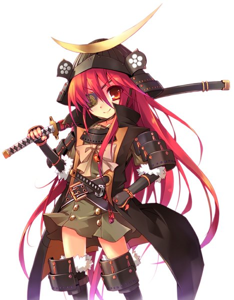 Anime picture 780x1000 with shakugan no shana j.c. staff shana roke single long hair tall image looking at viewer simple background smile red eyes white background red hair traditional clothes japanese clothes hand on hip weapon over shoulder girl skirt uniform