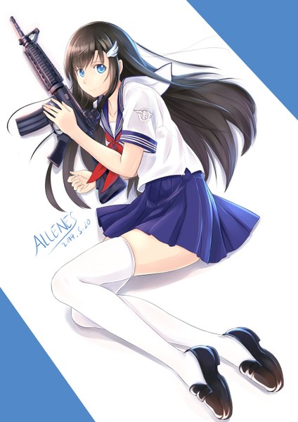 Anime picture 4133x5846 with original allenes single long hair tall image looking at viewer highres blue eyes black hair absurdres girl thighhighs skirt uniform weapon white thighhighs serafuku gun assault rifle