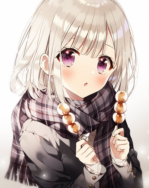 Anime picture 1089x1372 with original weri single tall image looking at viewer blush fringe short hair open mouth simple background white background purple eyes holding silver hair upper body blunt bangs long sleeves head tilt :o sleeves past wrists