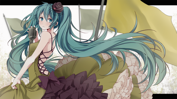 Anime picture 1200x675 with vocaloid hatsune miku wogura single wide image twintails very long hair looking back aqua eyes aqua hair girl dress microphone stand