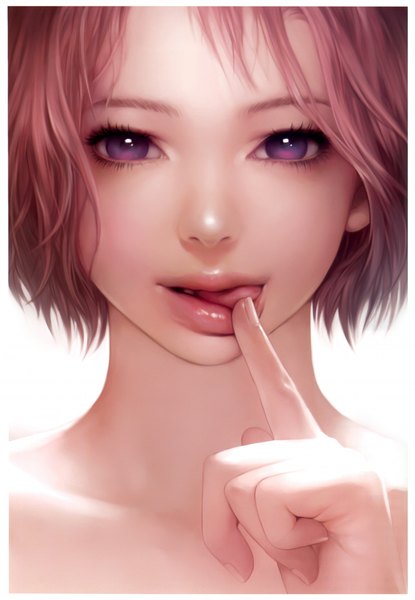Anime picture 3000x4333 with original megami fetish - girls drawn by girls (artbook) airspace (artist) single tall image highres short hair purple eyes pink hair absurdres lips scan portrait close-up face framed girl tongue