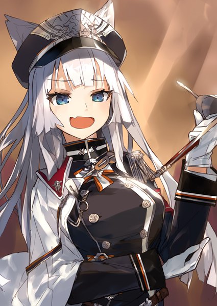 Anime picture 708x1000 with original harapeko (886011) single long hair tall image fringe open mouth blue eyes animal ears payot silver hair upper body :d fang (fangs) dog ears military girl gloves uniform weapon