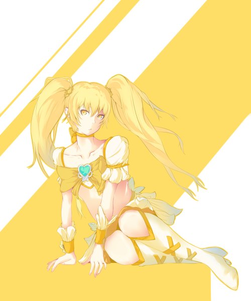 Anime picture 2500x3000 with precure heartcatch precure! toei animation myoudouin itsuki cure sunshine bbayu single long hair tall image highres blonde hair twintails yellow eyes looking away bare belly girl shoes boots clothes