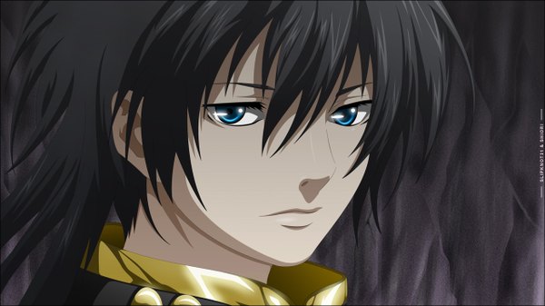 Anime picture 1280x720 with saint seiya toei animation alone hades slipknot31 single long hair blue eyes black hair wide image coloring portrait face boy wall