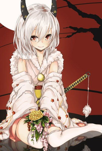 Anime picture 772x1142 with original la-na single tall image looking at viewer short hair red eyes white hair traditional clothes japanese clothes horn (horns) light smile girl thighhighs flower (flowers) weapon white thighhighs sword kimono katana