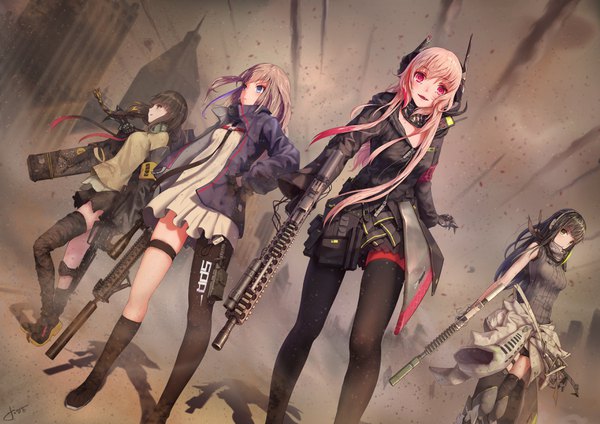 Anime picture 3508x2480 with girls frontline m4a1 (girls frontline) m4 sopmod ii (girls frontline) st ar-15 (girls frontline) m16a1 (girls frontline) jay xu long hair looking at viewer fringe highres open mouth blue eyes black hair smile red eyes brown hair standing multiple girls holding green eyes