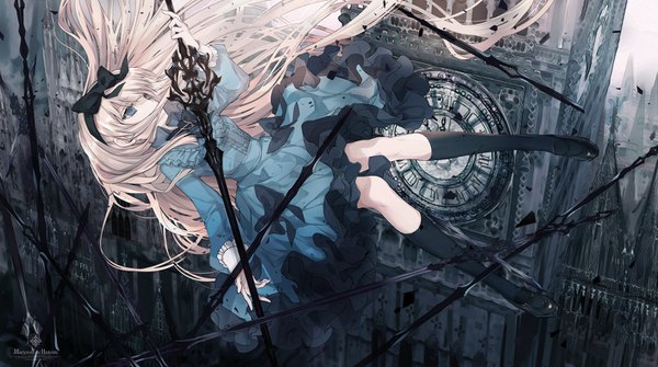 Anime picture 1410x788 with original cierra (ra-bit) single wide image holding looking away full body very long hair long sleeves aqua eyes floating hair looking up flying falling girl dress bow ribbon (ribbons) weapon hair bow