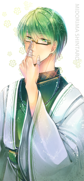 Anime picture 450x965 with kuroko no basket production i.g midorima shintarou salvia tall image looking at viewer fringe short hair simple background white background green eyes traditional clothes japanese clothes green hair wide sleeves character names floral print adjusting glasses glasses bandage (bandages)