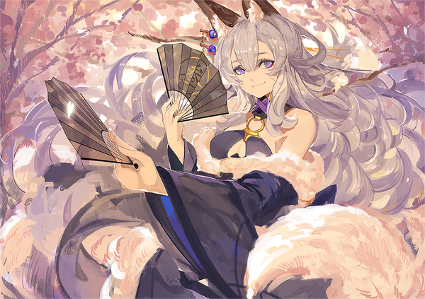 Anime picture 1100x776 with original pixiv fantasia pixiv fantasia t saberiii single long hair looking at viewer fringe breasts smile hair between eyes purple eyes bare shoulders holding animal ears silver hair upper body tail traditional clothes japanese clothes
