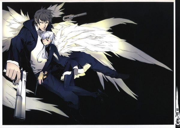 Anime picture 3144x2250 with miwa shirow highres absurdres white hair grey hair scan couple black background weapon wings gun