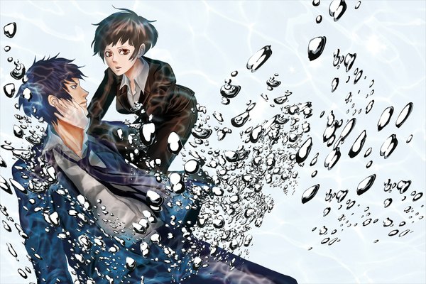 Anime picture 1500x1000 with psycho-pass production i.g kougami shin'ya tsunemori akane short hair black hair brown hair white background brown eyes open clothes open shirt girl boy shirt necktie bubble (bubbles) tuxedo