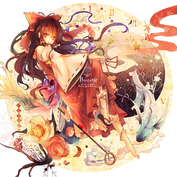 Anime picture 1228x1230 with touhou hakurei reimu kirero (pixiv) long hair red eyes brown hair japanese clothes girl flower (flowers) bow ribbon (ribbons) hair bow detached sleeves bracelet cloak fish (fishes) camellia (flower)
