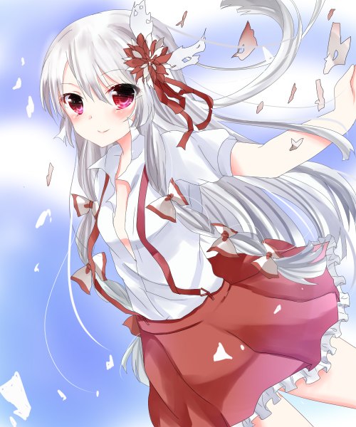 Anime picture 1000x1200 with touhou fujiwara no mokou ohitashi single long hair tall image looking at viewer blush smile red eyes white hair girl bow hair bow shirt