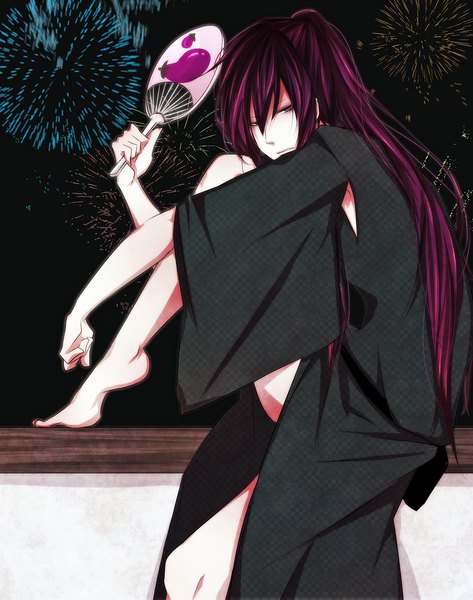 Anime picture 1075x1364 with vocaloid kamui gakupo single long hair tall image looking at viewer sitting purple eyes purple hair barefoot night fireworks boy fan