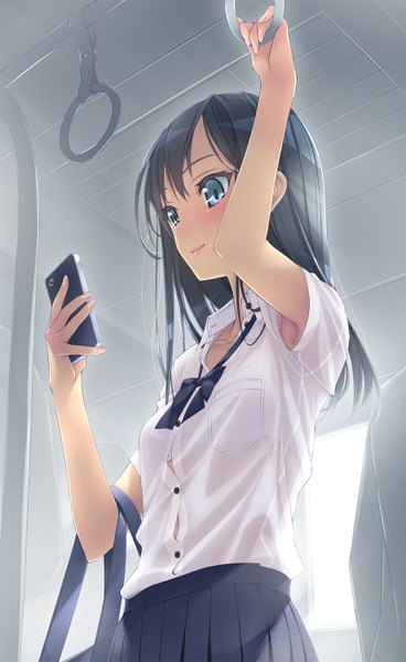 Anime picture 920x1500 with original murakami suigun single long hair tall image blush blue eyes black hair girl uniform school uniform shirt bowtie iphone