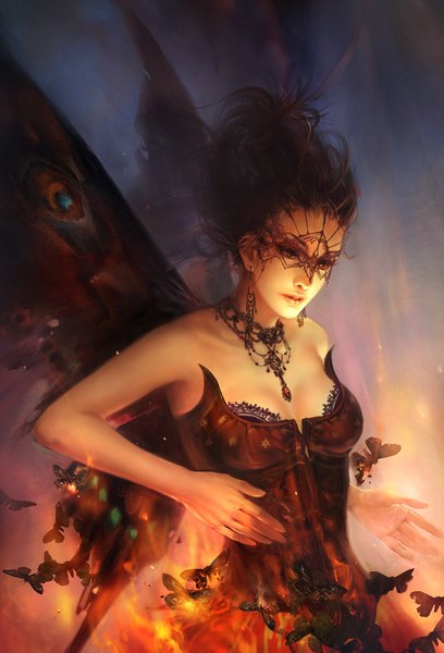 Anime picture 2244x3299 with original dehong he single tall image highres short hair brown hair bare shoulders realistic insect wings butterfly wings fairy girl earrings wings insect butterfly jewelry mask fire