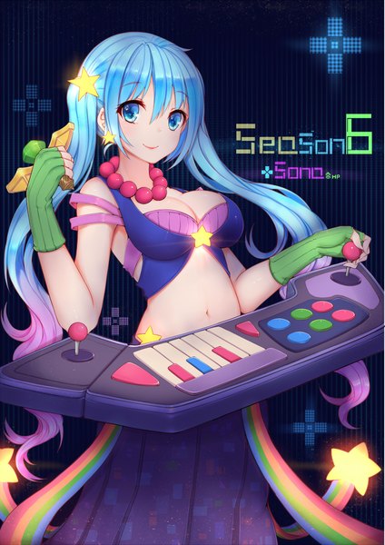 Anime picture 1636x2314 with league of legends sona buvelle arcade sona (league of legends) hanami dango (zzldango) single long hair tall image looking at viewer fringe breasts blue eyes light erotic smile twintails blue hair pink hair multicolored hair gradient hair girl navel
