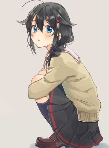 Anime picture 715x969 with kantai collection shigure destroyer shigure ui single long hair tall image blush fringe blue eyes black hair simple background hair between eyes looking away ahoge braid (braids) parted lips pleated skirt grey background :o single braid