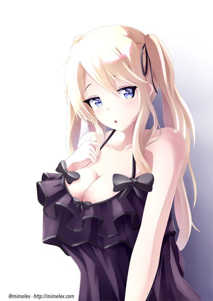 Anime picture 640x905 with kantai collection graf zeppelin (kantai collection) mimelex single long hair tall image looking at viewer blush fringe breasts blue eyes light erotic simple background blonde hair hair between eyes large breasts white background twintails bare shoulders signed