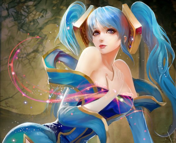 Anime picture 1229x1000 with league of legends sona buvelle turewindwalker single long hair looking at viewer fringe breasts purple eyes twintails bare shoulders blue hair long sleeves lips realistic leaning lipstick hand on chest red lipstick girl
