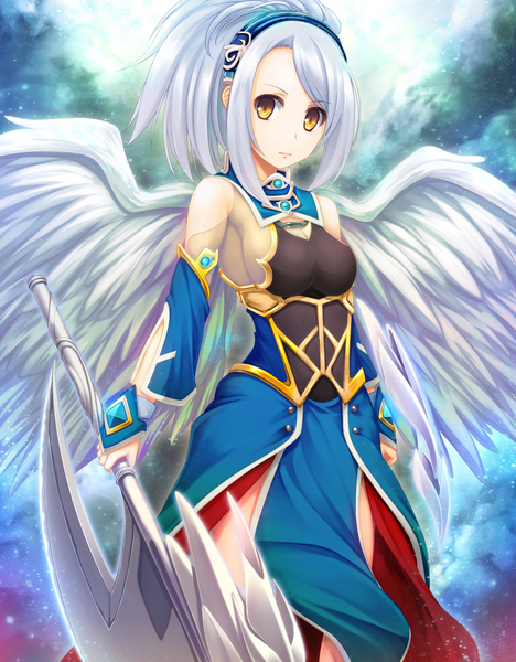 Anime picture 1600x2048 with original soranopin single tall image looking at viewer short hair bare shoulders yellow eyes white hair girl dress weapon detached sleeves wings hairband