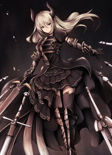 Anime picture 1000x1377 with shingeki no bahamut forte (shingeki no bahamut) snm (sunimi) single long hair tall image looking at viewer fringe simple background blonde hair hair between eyes holding brown eyes horn (horns) short sleeves zettai ryouiki puffy sleeves floating hair outstretched arm black background