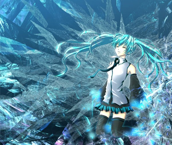 Anime picture 1100x926 with vocaloid hatsune miku aonoe single twintails eyes closed very long hair aqua hair flying girl thighhighs skirt uniform school uniform detached sleeves necktie