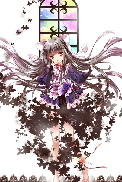Anime picture 750x1113 with original nogi takayoshi single long hair tall image looking at viewer blush red eyes barefoot grey hair girl dress flower (flowers) bow ribbon (ribbons) hair bow frills window insect butterfly