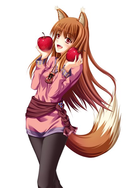 Anime picture 749x1052 with spice and wolf horo tomifumi single long hair tall image blush open mouth simple background smile red eyes brown hair white background animal ears tail animal tail wolf ears wolf tail wolf girl girl
