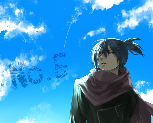 Anime picture 1280x1024 with no.6 studio bones nezumi (no.6) single fringe short hair blue hair sky cloud (clouds) black eyes inscription boy jacket scarf
