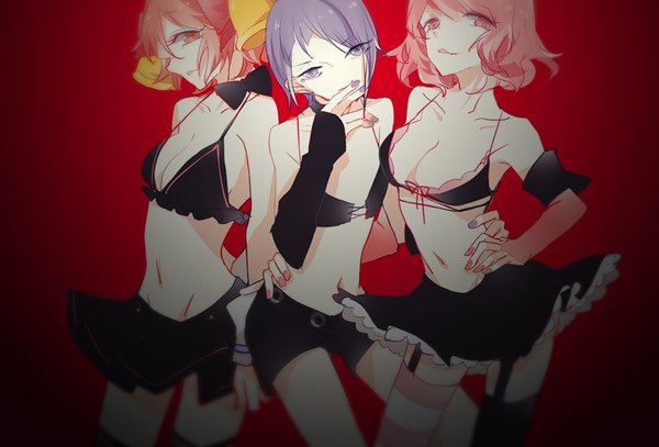 Anime picture 1000x679 with nico nico singer nqrse reol (singer) ill.bell lu za looking at viewer fringe short hair breasts light erotic hair between eyes large breasts standing purple eyes multiple girls pink hair purple hair nail polish profile pink eyes
