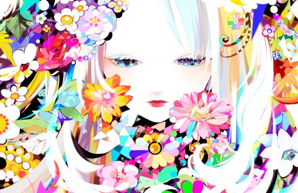 Anime picture 1200x780 with original mochikin (jijijin) single long hair fringe white hair lips looking down close-up face pale skin multicolored eyes girl flower (flowers)