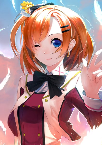 Anime picture 1414x2000 with love live! school idol project sunrise (studio) love live! kousaka honoka junp single tall image looking at viewer fringe short hair blue eyes smile ponytail one eye closed wink orange hair one side up girl hair ornament bow