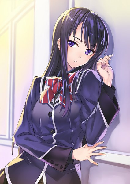 Anime picture 708x1000 with shoujo-tachi wa kouya wo mezasu project no.9 kuroda sayuki matsuryuu single long hair tall image fringe black hair purple eyes looking away official art against wall girl uniform school uniform window bowtie blazer wall