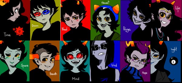 Anime picture 3016x1384 with homestuck karkat vantas gamzee makara sollux captor vriska serket eridan ampora terezi pyrope aradia megido kanaya maryam nepeta leijon tavros nitram feferi peixes equius zahhak long hair highres short hair open mouth smile red eyes wide image