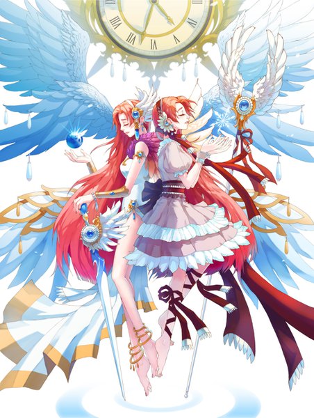 Anime picture 982x1304 with original zuhrah long hair tall image simple background white background multiple girls pink hair bent knee (knees) red hair eyes closed multicolored hair barefoot orange hair gradient hair side slit angel wings head wings twins back to back