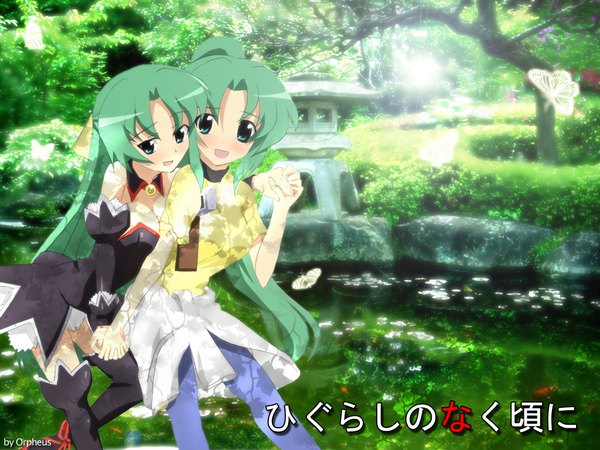 Anime picture 1024x768 with higurashi no naku koro ni studio deen sonozaki mion sonozaki shion blush green background