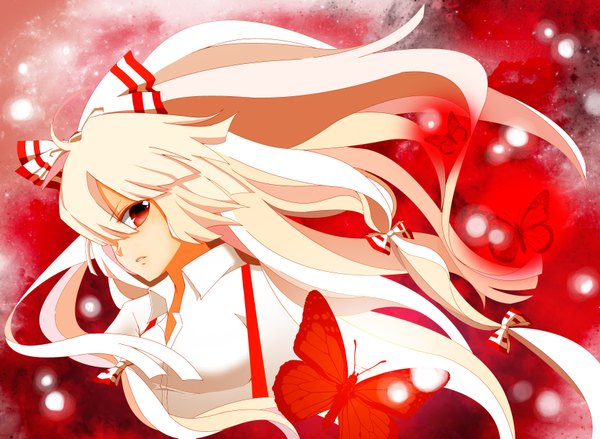 Anime picture 3408x2497 with touhou fujiwara no mokou single long hair highres blonde hair red eyes absurdres girl bow hair bow insect butterfly