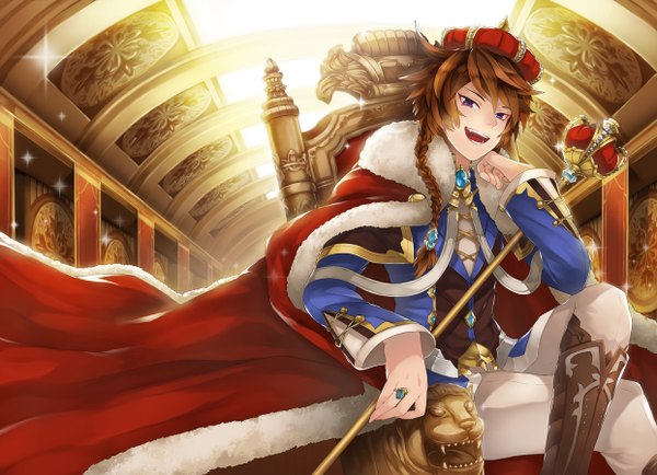 Anime picture 1242x900 with kaskia single long hair looking at viewer smile brown hair sitting purple eyes boy staff crown mantle armchair
