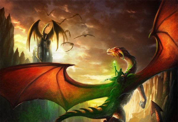 Anime picture 1200x821 with original alayna (artist) sky magic evening sunset fantasy rock battle dragon