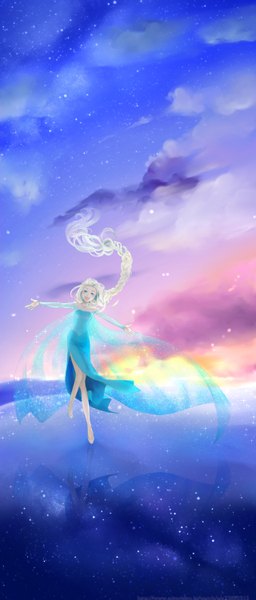 Anime picture 1280x3000 with frozen (disney) disney elsa (frozen) noizmoo single tall image blush open mouth blue eyes blonde hair bare shoulders sky cloud (clouds) braid (braids) very long hair single braid reflection spread arms girl dress