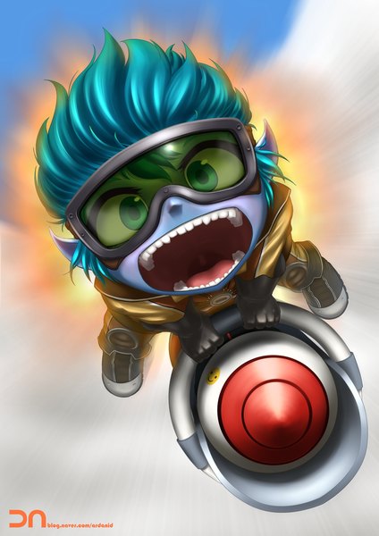 Anime picture 900x1273 with league of legends tristana (league of legends) nestkeeper tall image looking at viewer short hair open mouth blue eyes blue hair pointy ears blue skin girl gloves goggles missile