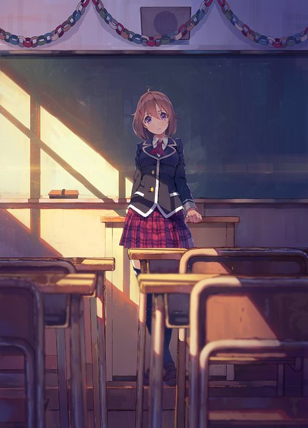 Anime picture 721x1000 with original yasumo (kuusouorbital) single tall image looking at viewer fringe short hair hair between eyes brown hair purple eyes indoors head tilt sunlight shadow leaning zettai ryouiki girl thighhighs black thighhighs table